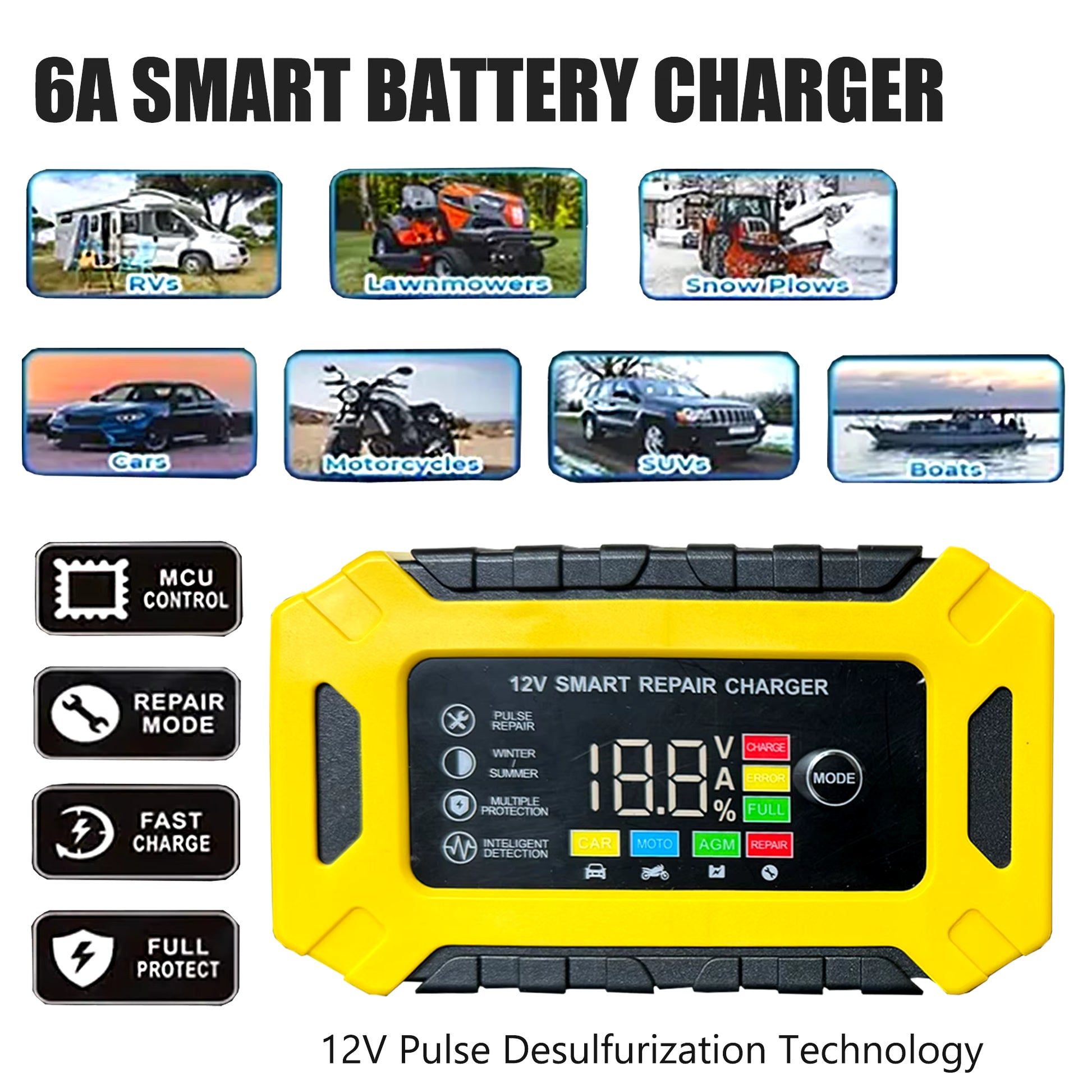 12V 6-Amp Car Battery Trickle Charger,Smart Portable Float Charger for Car, Motorcycle, Lawn Mower - Maintains SLA, AGM, Gel Cel