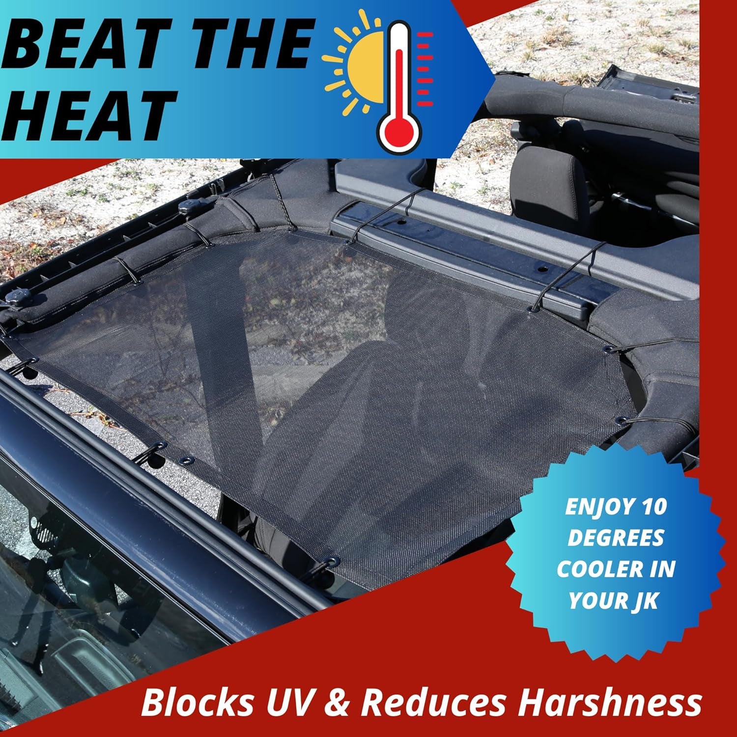 for Jeep Sunshade for Jeep Wrangler Top Mesh. Keeps You Cool. Reduces UV + Wind & Noise. Easy No Tool Install Sun Shade Top for Jeep Lover Gifts Accessories (2007-2018 JK & JKU (Front))