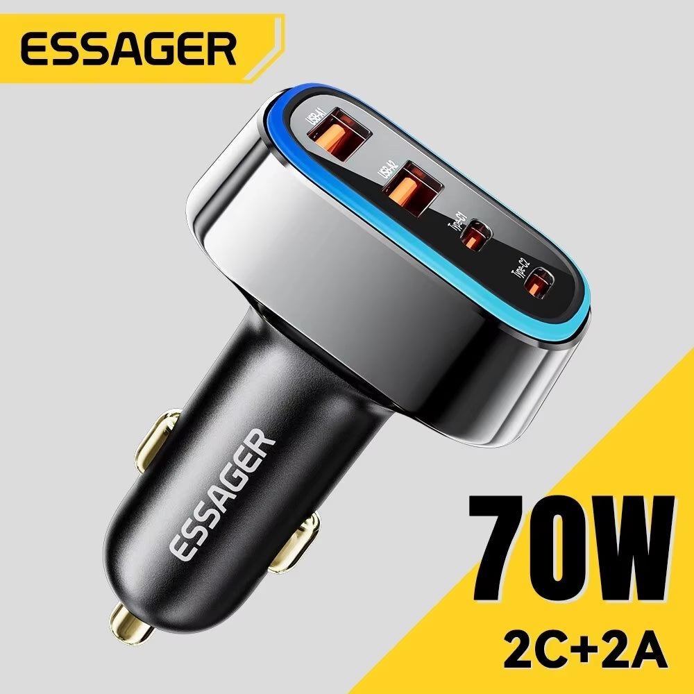 70W 4 in 1 Car Charger Super Fast PD3.0 QC3.0 Car Charger Adapter for Iphone 14 13 12 Pro Max Cigarette Lighter Charger