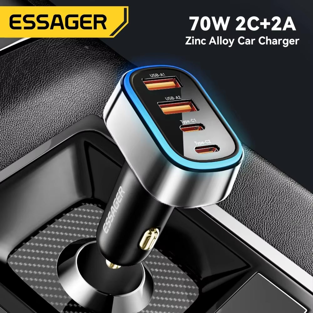 70W 4 in 1 Car Charger Super Fast PD3.0 QC3.0 Car Charger Adapter for Iphone 14 13 12 Pro Max Cigarette Lighter Charger