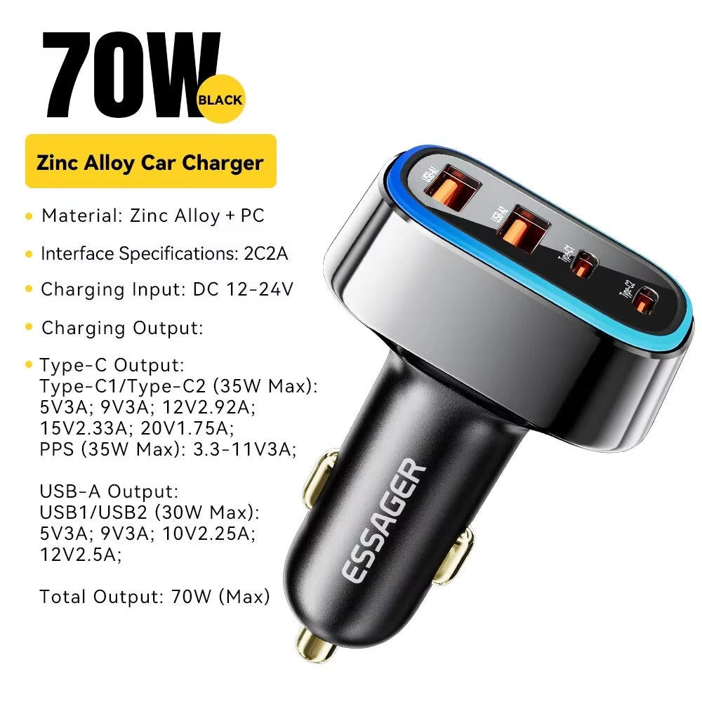 70W 4 in 1 Car Charger Super Fast PD3.0 QC3.0 Car Charger Adapter for Iphone 14 13 12 Pro Max Cigarette Lighter Charger